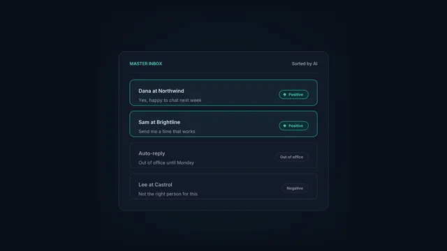Incoming cold email replies sorted by AI into positive, negative and out-of-office.