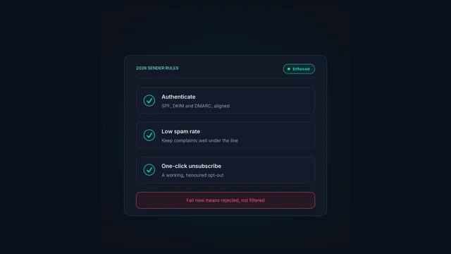 The 2026 sender requirements: authentication, low spam rate, and one-click unsubscribe.