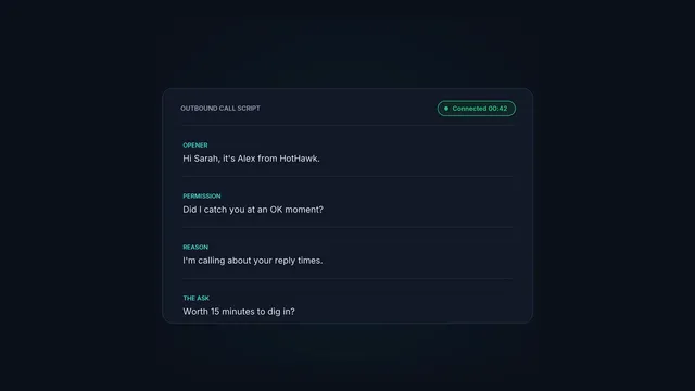 An outbound call script broken into opener, permission, reason and ask.