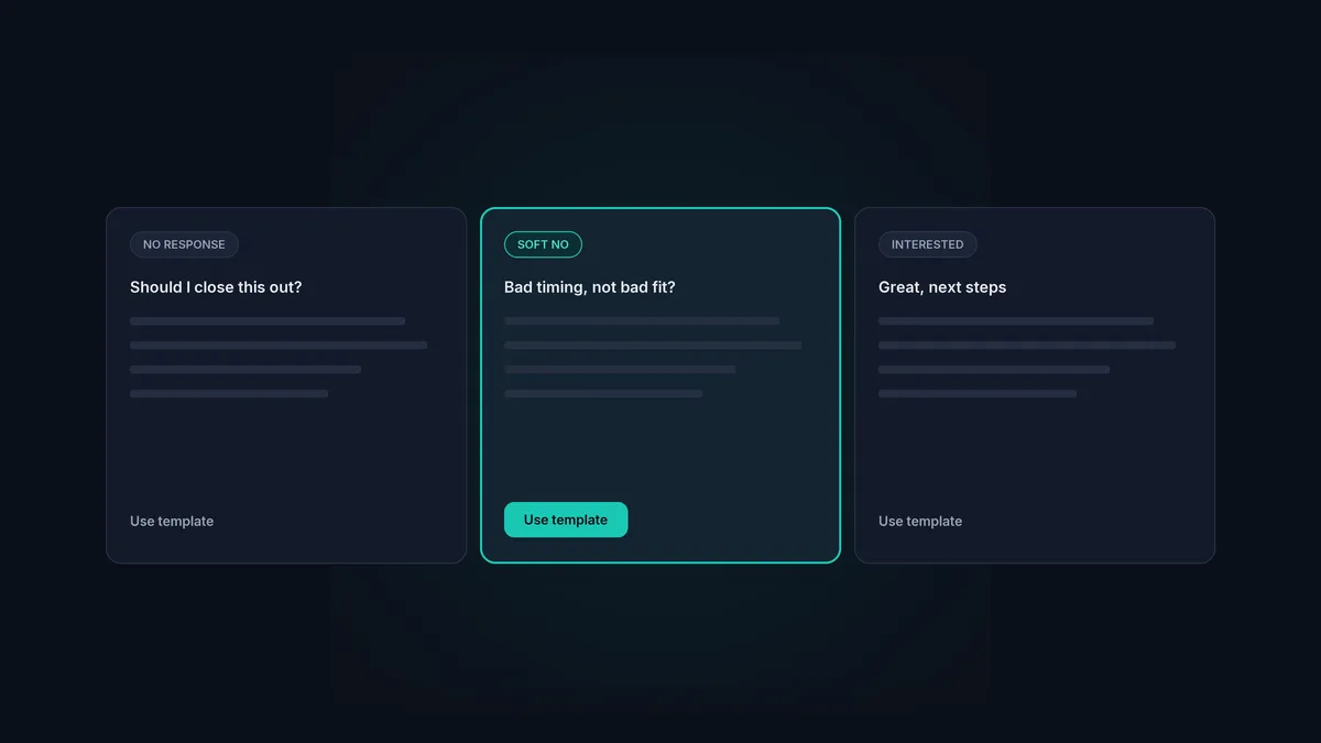 Three cold email follow-up template cards, one for each reply scenario.