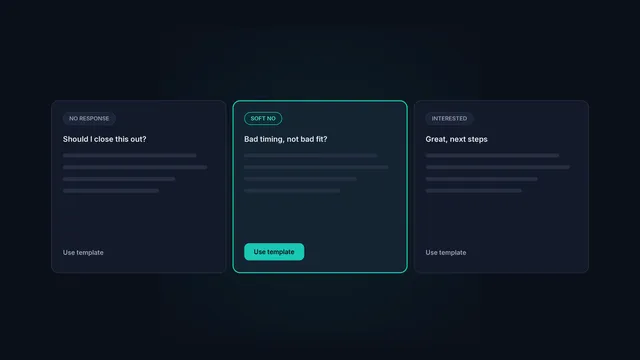 Three cold email follow-up template cards, one for each reply scenario.