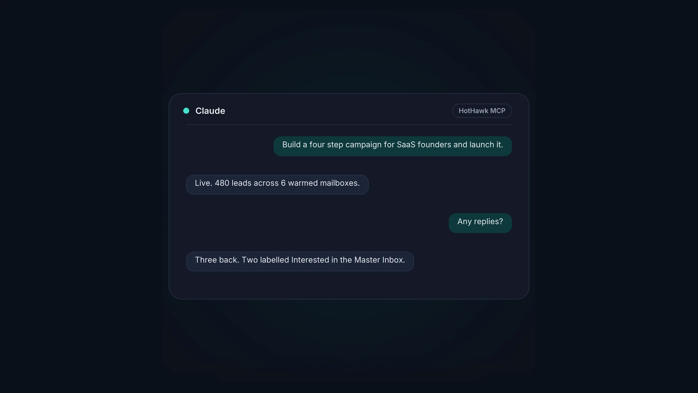 A Claude chat connected to HotHawk: build a four step campaign, send it across eight warmed mailboxes, and label the replies in the Master Inbox