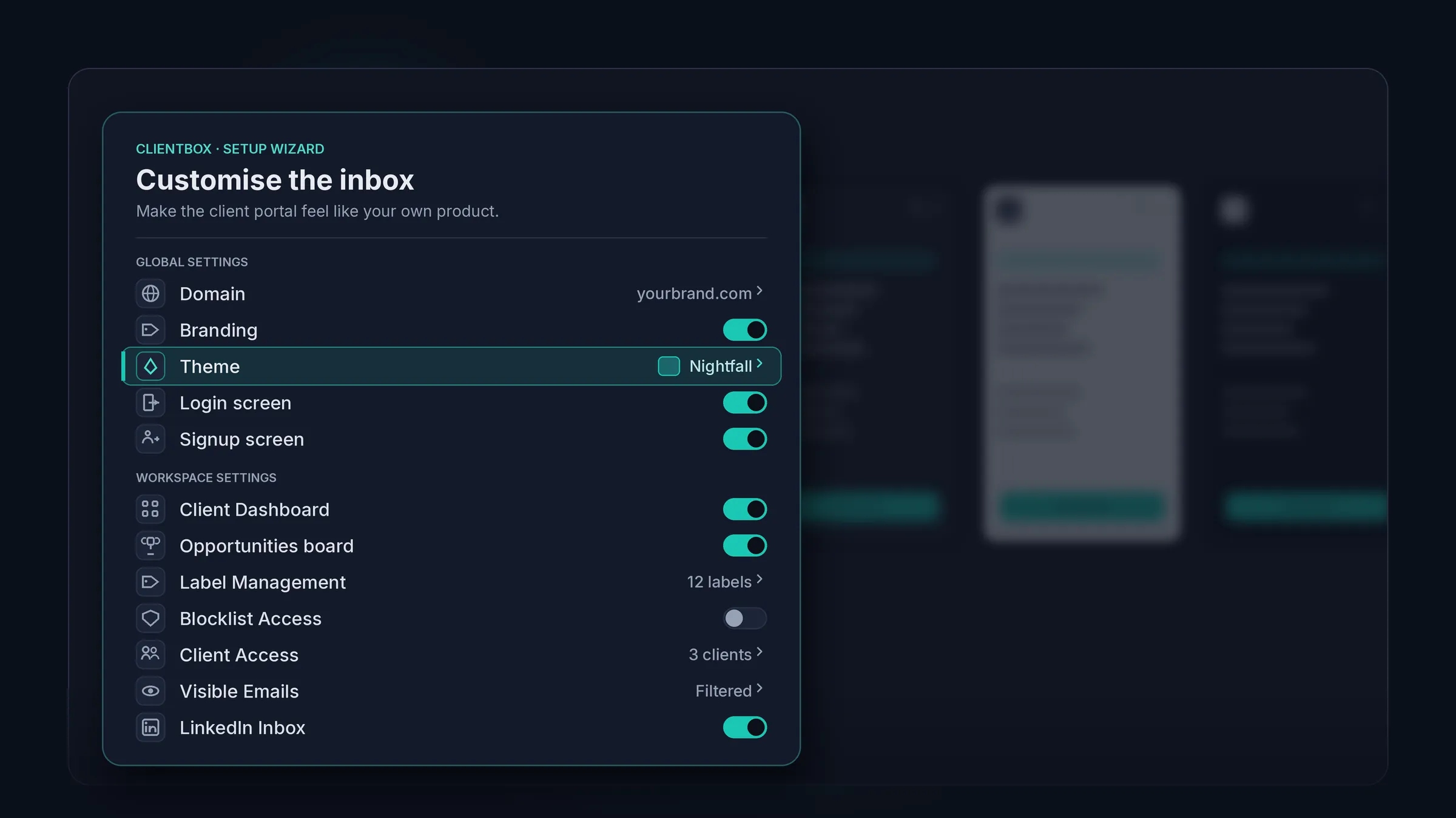 ClientBox setup wizard: customise a branded client portal on the agency's own domain, with toggles for branding, theme, login and signup screens, client dashboard, opportunities board and more