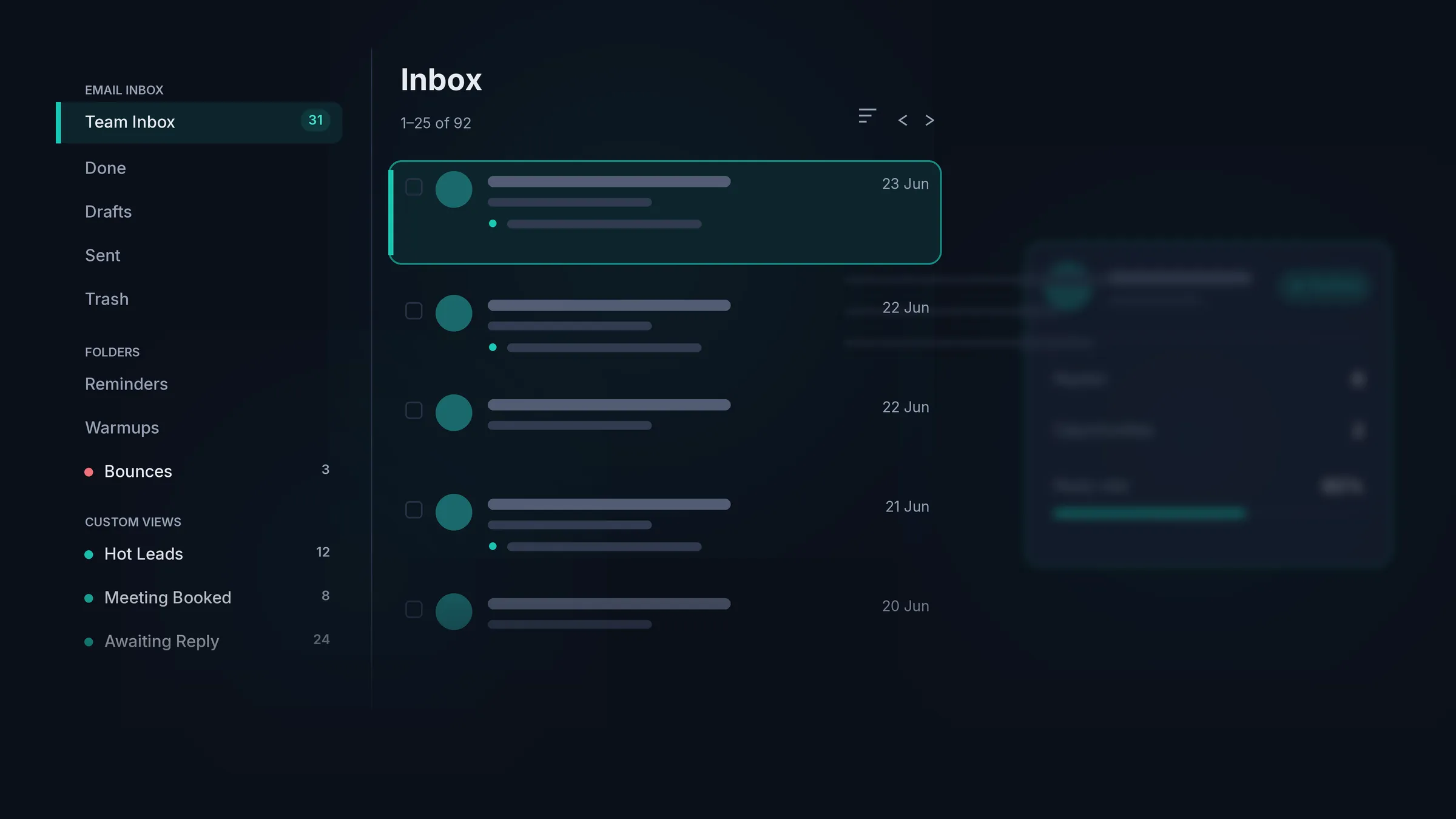 HotHawk master inbox: a Team Inbox of replies with folders and custom views for hot leads, meetings booked and awaiting reply, and a lead profile panel showing replies, opportunities and reply rate